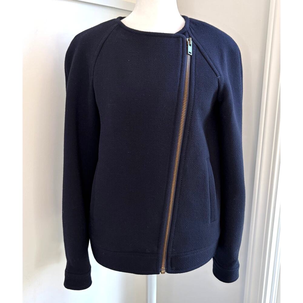 J.Crew Double Cloth Navy Blue Zip Up Jacket Size 2 Italian Wool Blazer XS Luxury